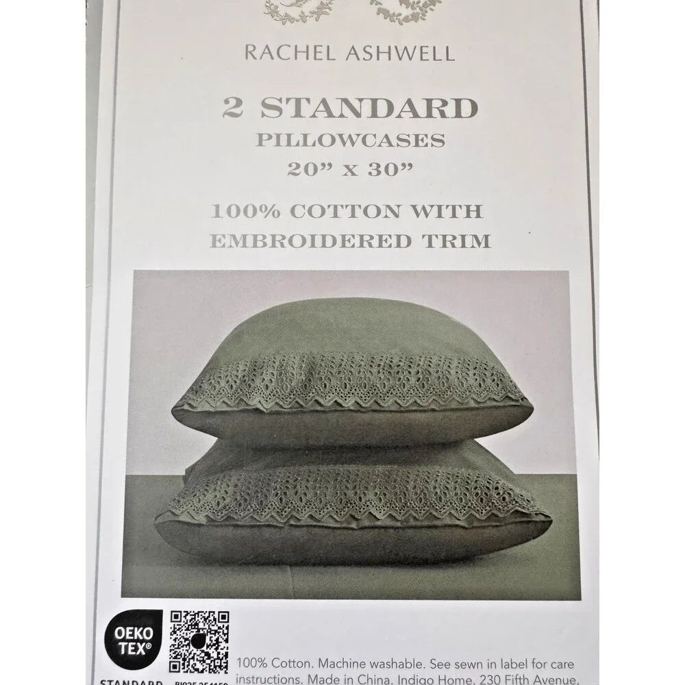 Rachel Ashwell Green Eyelet Edge Cotton Standard Pillowcases, Set Of 2, New!